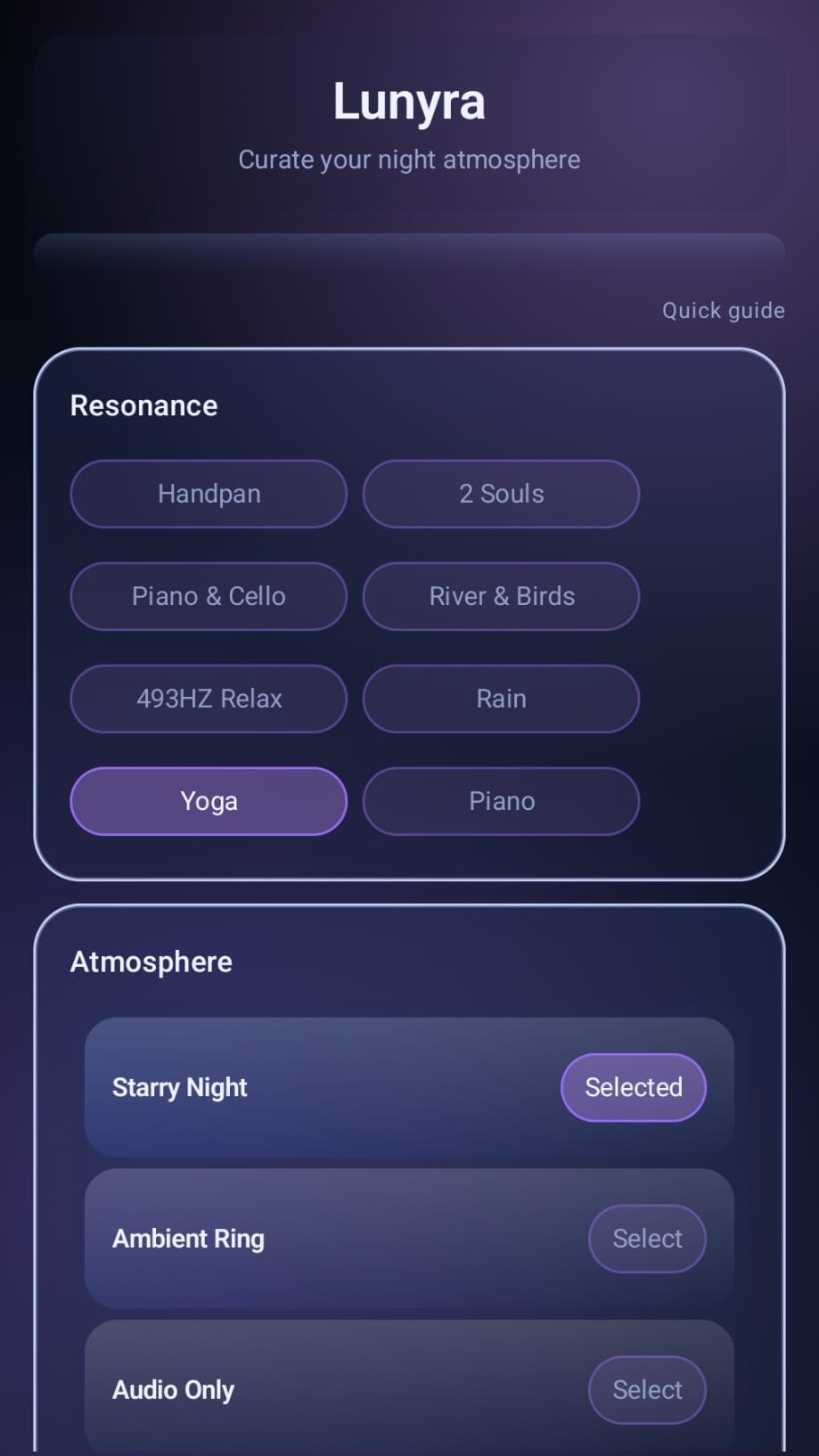 Lunyra home screen showing available soundscapes and ambient themes